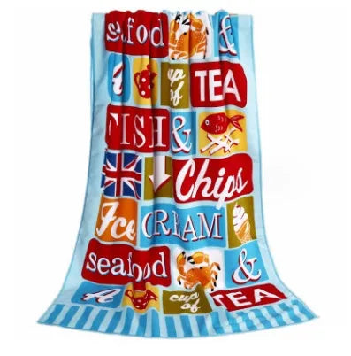 Large 150x70cm microfiber beach towel with colourful flamingo and summer ice cream printed designs