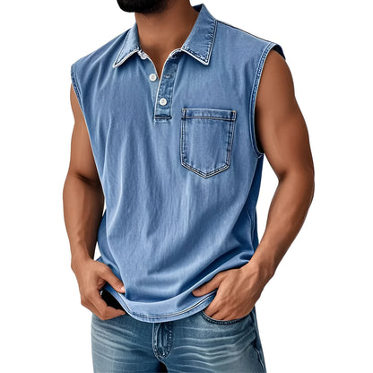 Man wearing a short-sleeve polo shirt with a colourful 3D digital print design on the front.