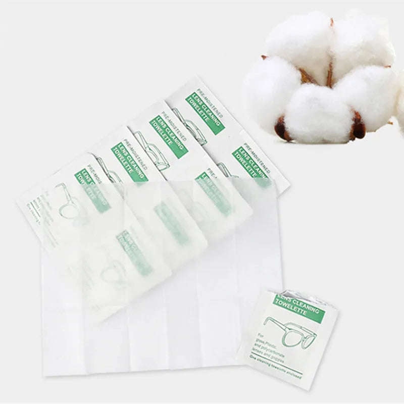 Pack of 100 white, individually sealed quick-drying lens cleaning wipes for glasses and screens.