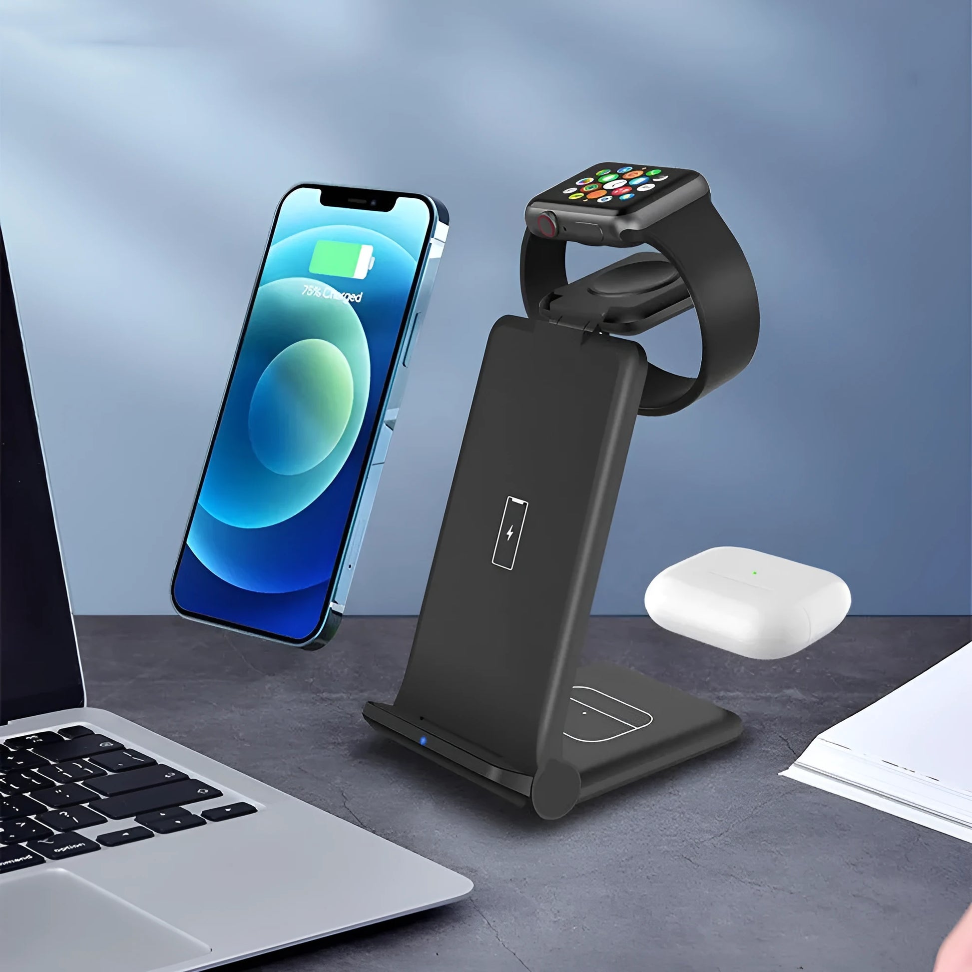 Black and white 3-in-1 foldable wireless charging station for phone, watch, and earbuds.