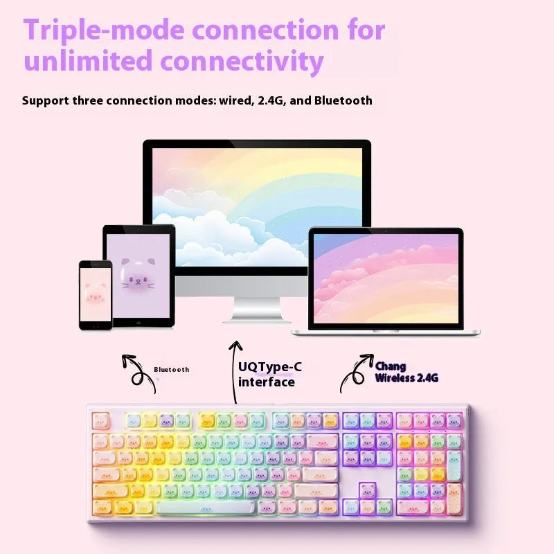 MG108B Coloured Sugar Cat themed mechanical keyboard with piano shaft switches on a desk.