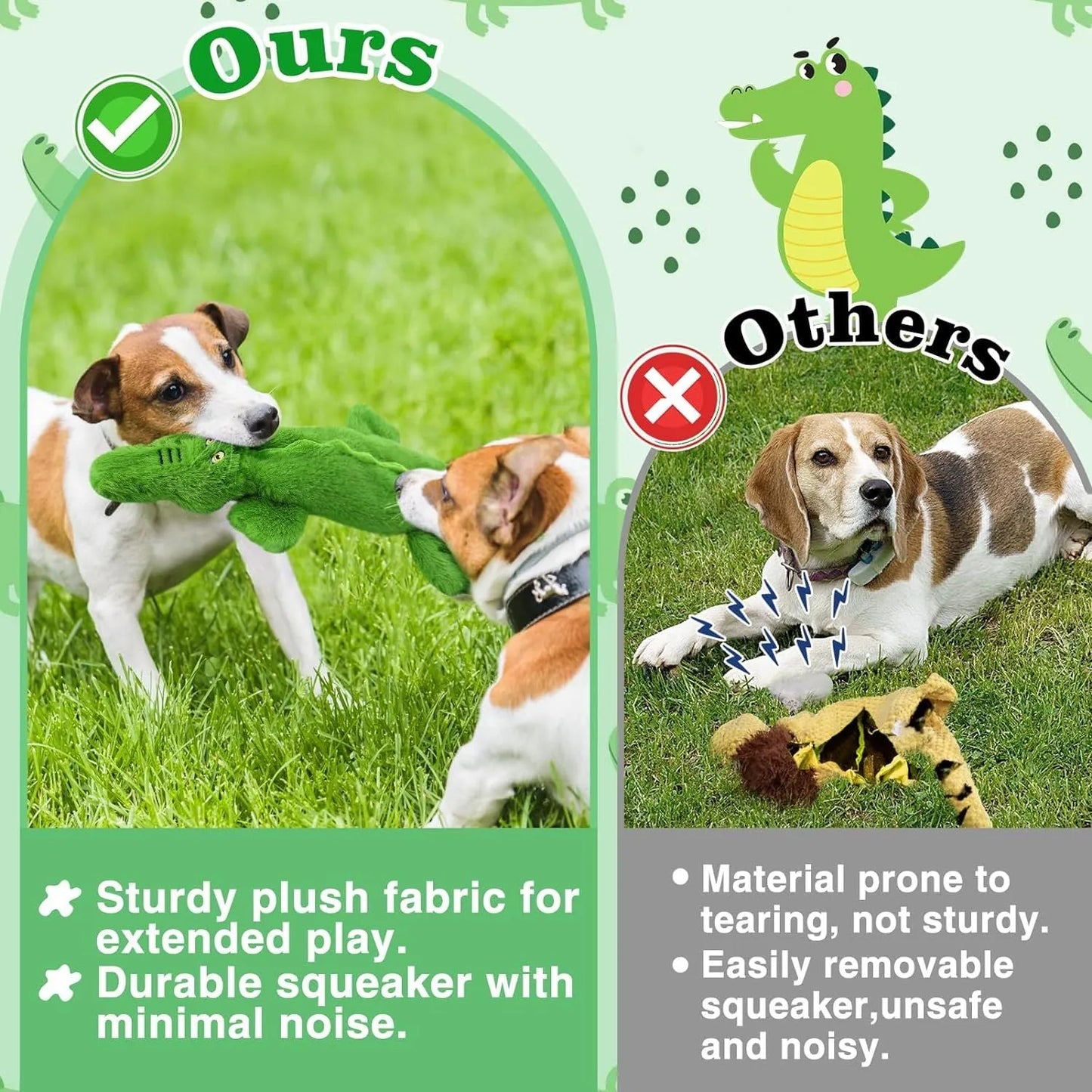 Dark green crocodile dog toy with squeaker and crinkle paper, measuring 20cm for aggressive chewers