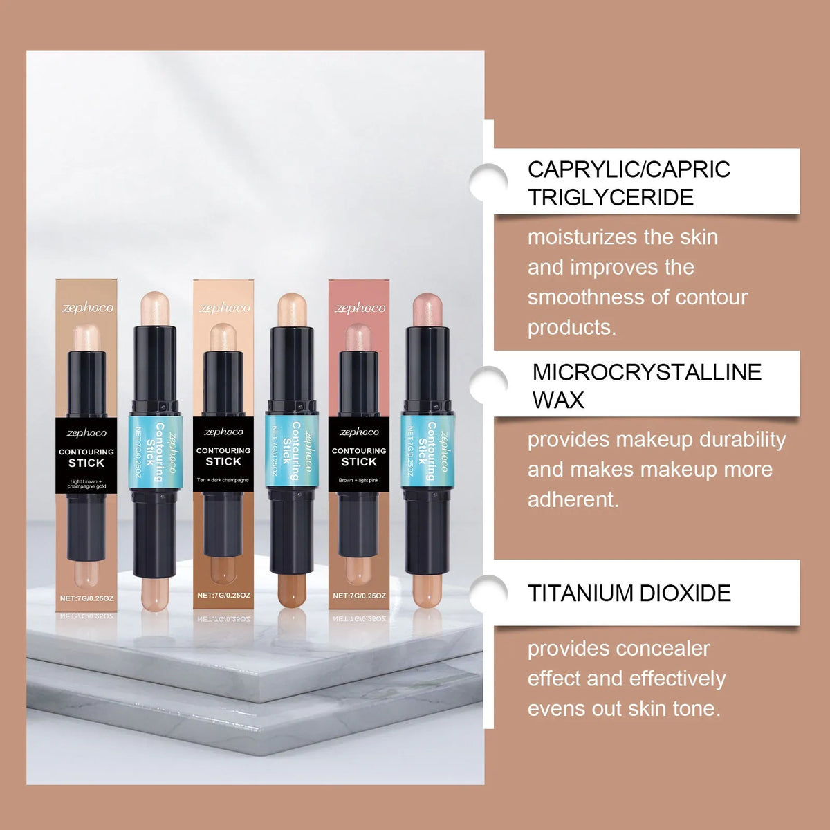 Dual-ended cream contour and highlighter makeup stick showing two shades, Tan Dark Champagne and Light Pink.