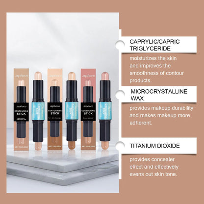 Dual-ended cream contour and highlighter makeup stick showing two shades, Tan Dark Champagne and Light Pink.