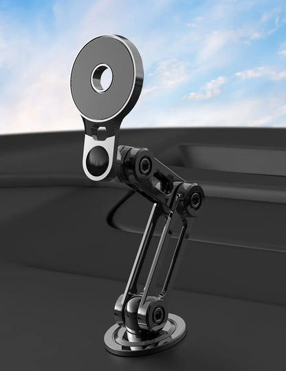 Black magnetic car phone holder with flexible gooseneck arm and 360° rotation capability