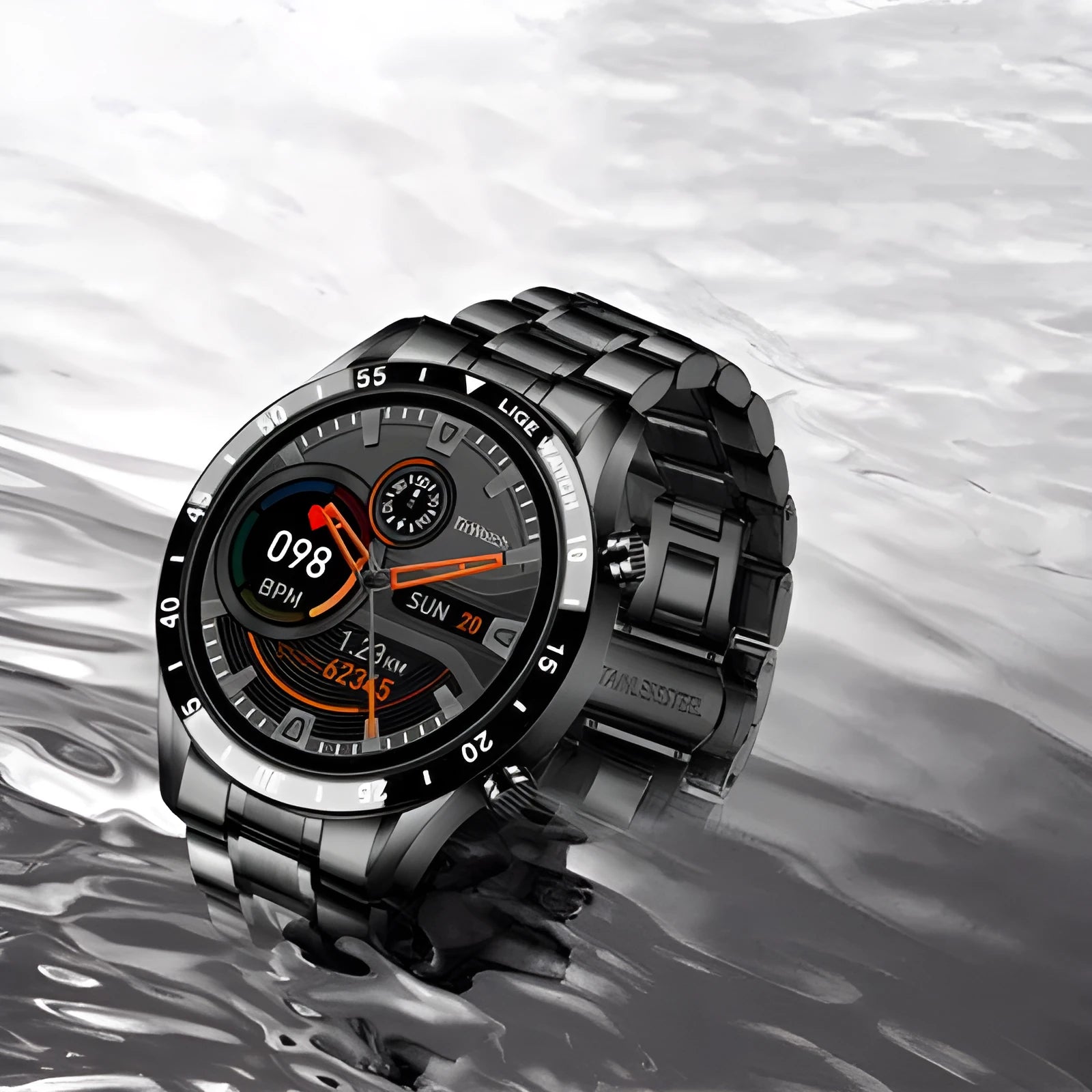 Stainless steel smart watch with black strap and 1.3-inch touch screen display.