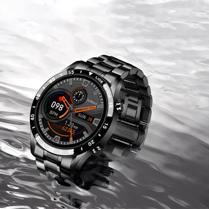 Stainless steel smart watch with black strap and 1.3-inch touch screen display.