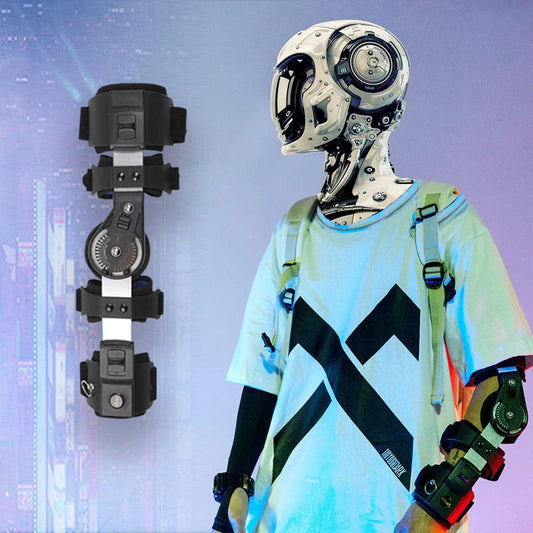 Cyberpunk-inspired elbow support brace with sleek black design, lightweight aluminium alloy construction, and soft shoulder pads for enhanced comfort and stability