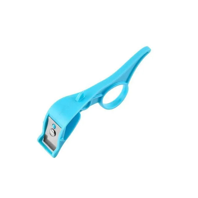 Multifunctional fruit peeler with finger ring grip and stainless steel blade in pink, blue, orange colours