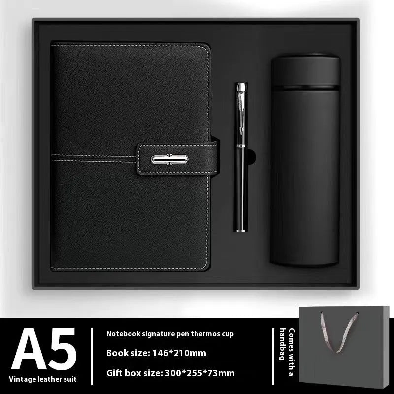 A5 notebook with imitation leather cover in colour options including black, red, green, blue, and orange.
