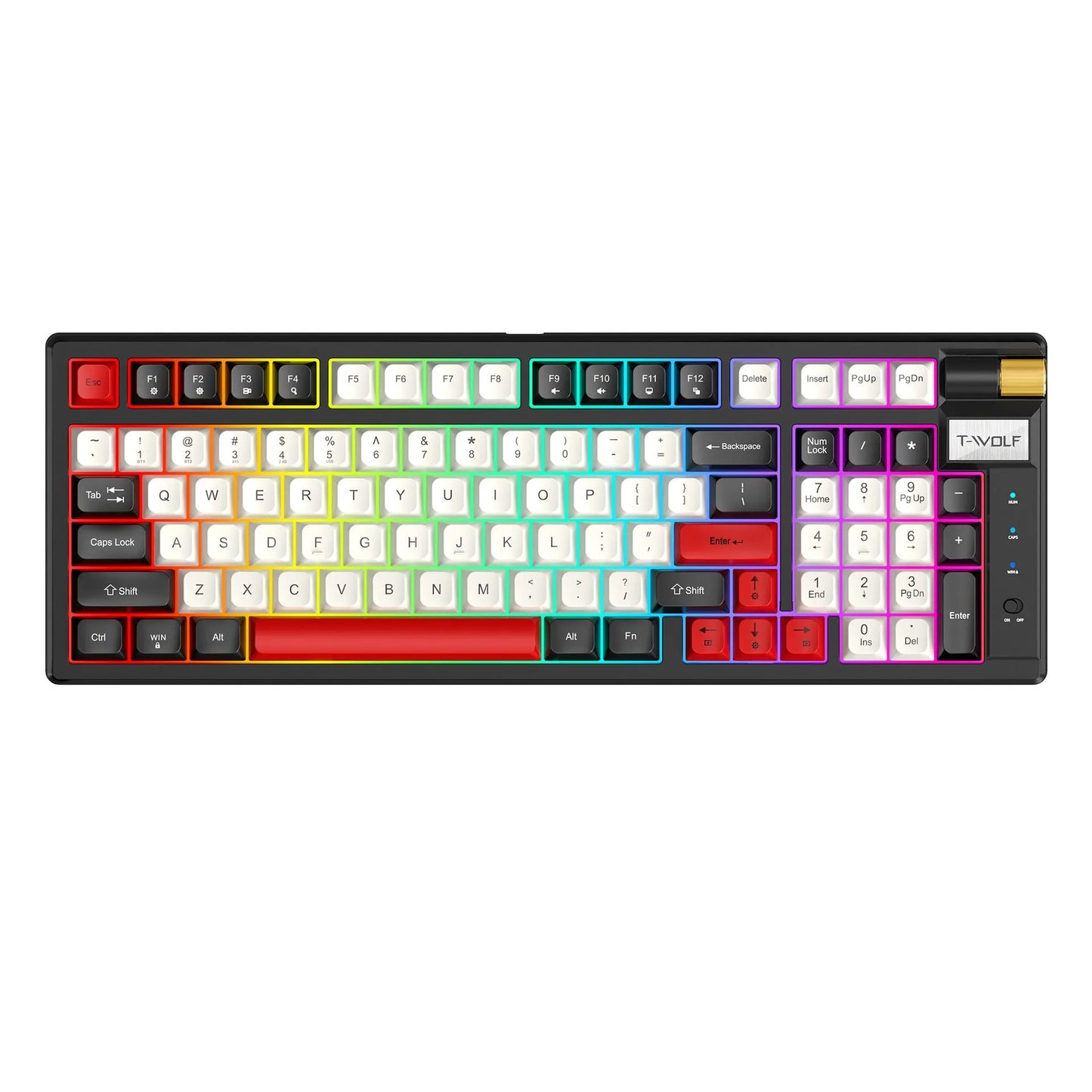 Bluetooth mechanical keyboard with USB charging cable in blue orange or black and red colours