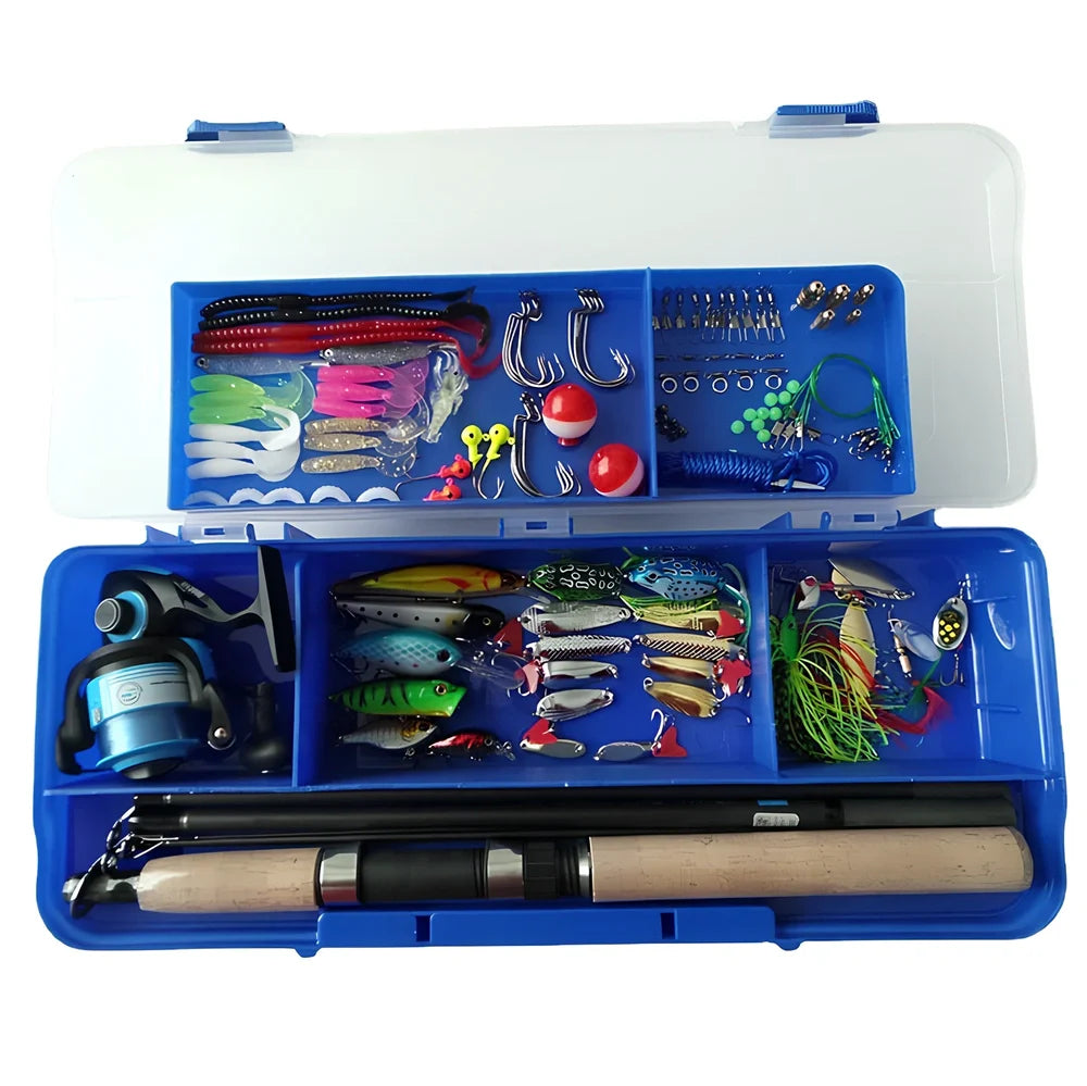 Portable fishing lure box set measuring 46cm with rod, vessel, and 125 fishing accessories organised in compartments