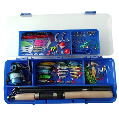 Portable fishing lure box set measuring 46cm with rod, vessel, and 125 fishing accessories organised in compartments