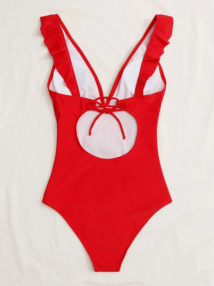 Women's one-piece swimsuit with lace V-neck, solid colour, white or red, sizes S to XL