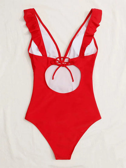 Women's one-piece swimsuit with lace V-neck, solid colour, white or red, sizes S to XL