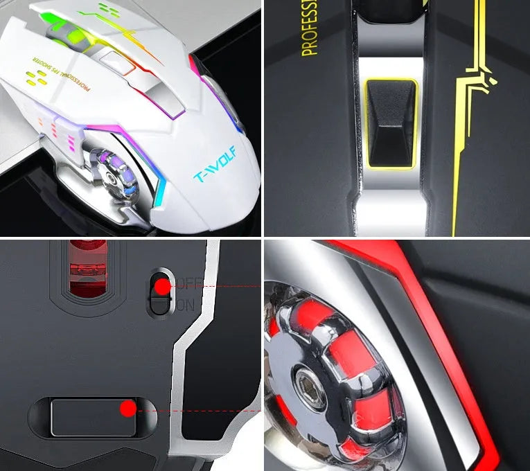 White wireless silent mouse with six buttons on a wooden desk next to a laptop