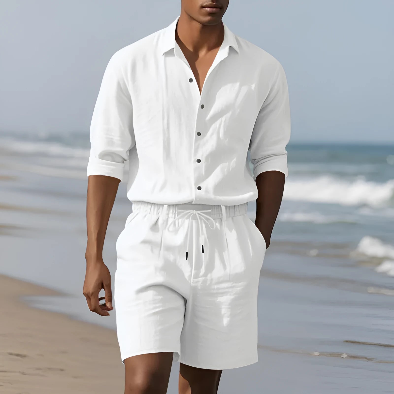 Linen long sleeve shirt and shorts casual suit set shown in available colours: white, black, khaki, light blue, gray.