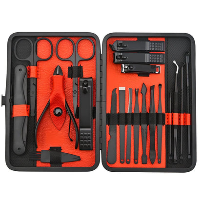 Beauty and manicure nail care kit with stainless steel tools in PU leather case showing multiple grooming implements