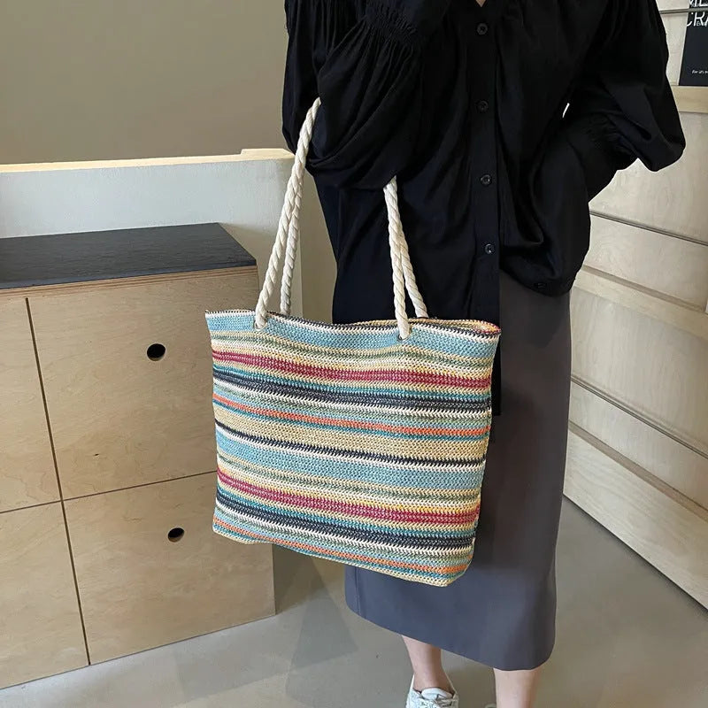 Blue woven nylon shoulder bag with large capacity and single shoulder strap