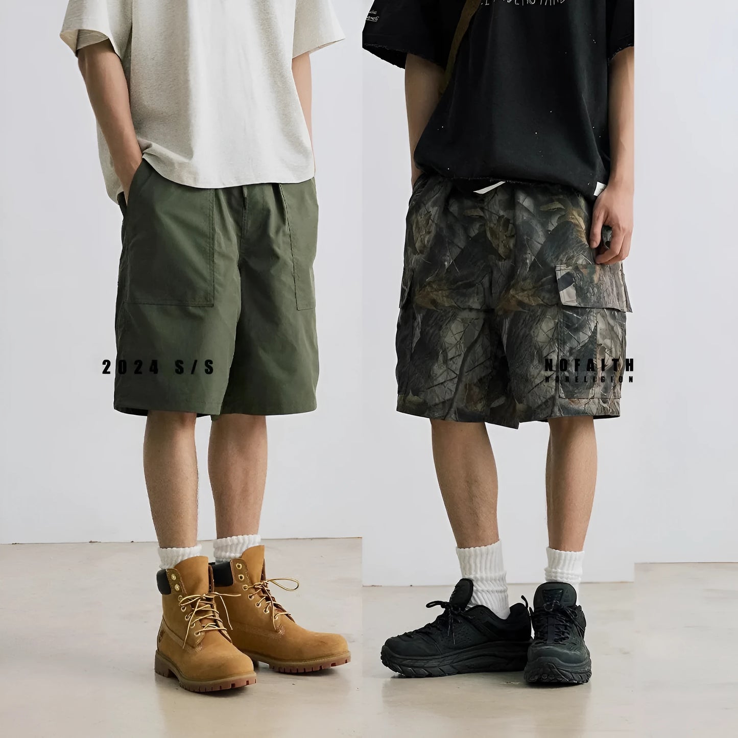 Women's loose fit denim shorts in army green colour, showing straight-leg cut and zip placket.