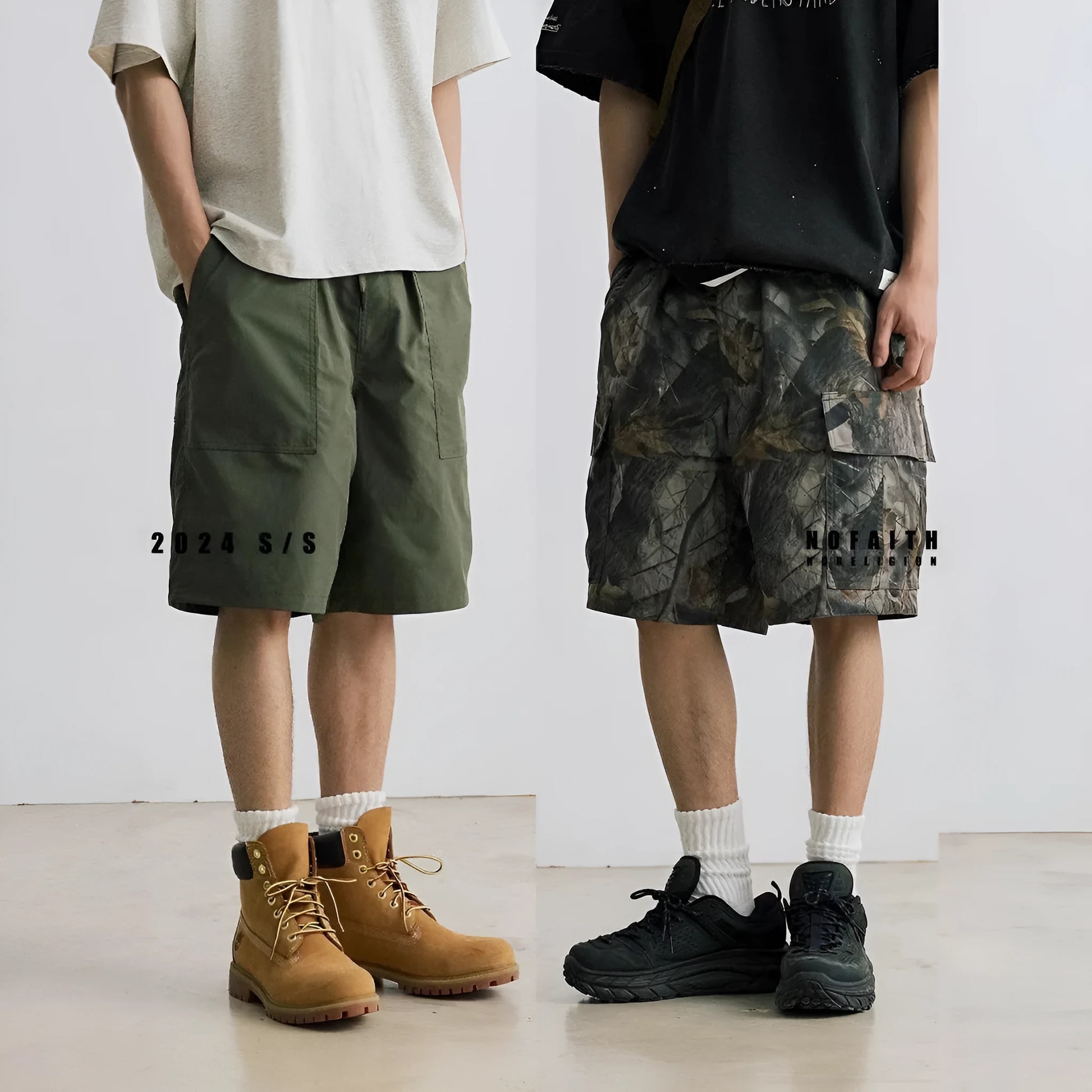 Women's loose fit denim shorts in army green colour, showing straight-leg cut and zip placket.