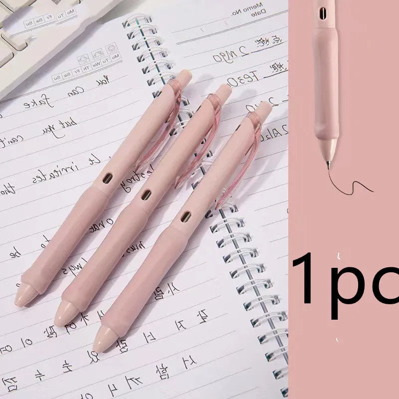 Macaron colour press gel pen with 0.5mm tip shown in smoked brown, powder, and white refill options.