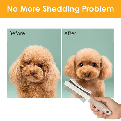 White 2-in-1 dog and cat deshedding brush with grooming comb, curved design, and ergonomic handle