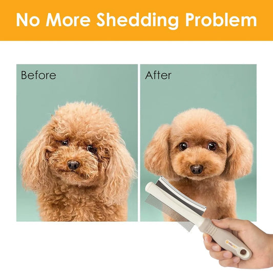 White 2-in-1 dog and cat deshedding brush with grooming comb, curved design, and ergonomic handle