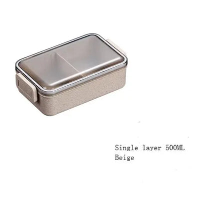 Square wheat straw lunch box with lock seal in blue, beige, or pink colours.