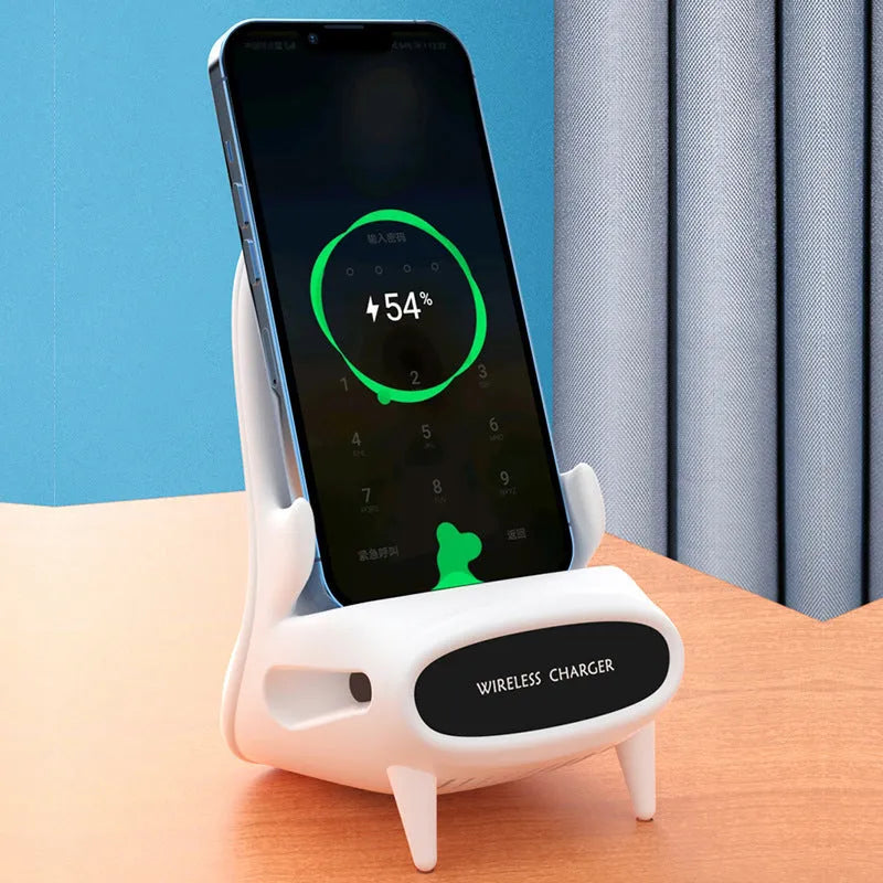 White portable mini chair wireless charger on desk with phone, showing compact 96.3mm size and fast charging