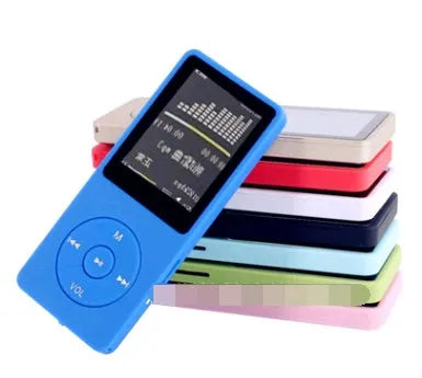 1.8-inch colour screen MP4 player in multiple colours showing 70-hour playtime and FM radio functions