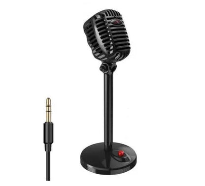 Black USB computer microphone with adjustable gooseneck and weighted silicone base stand on a desk.