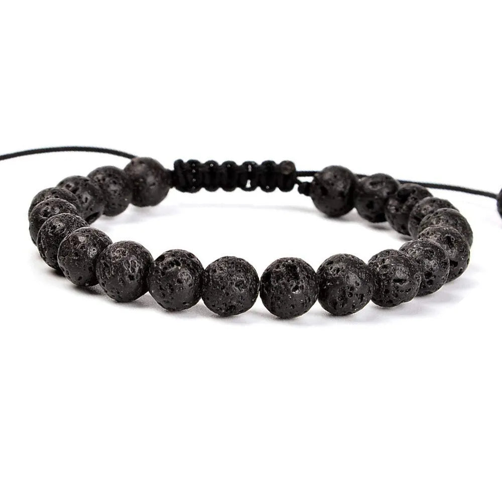 Women's flat knot braided healing bracelet hand-woven with natural gemstone beads in geometric pattern