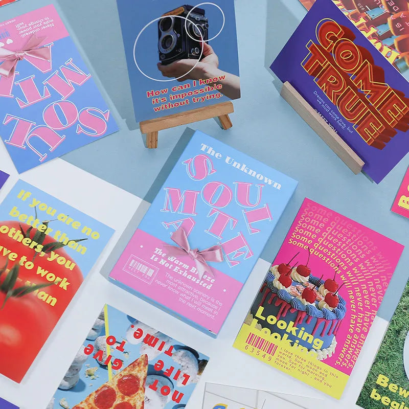 Two fresh-style greeting card designs, 'Time Not Arrived' and 'Warm Wind Not Exhausted', each 10.5cm by 14.8cm.