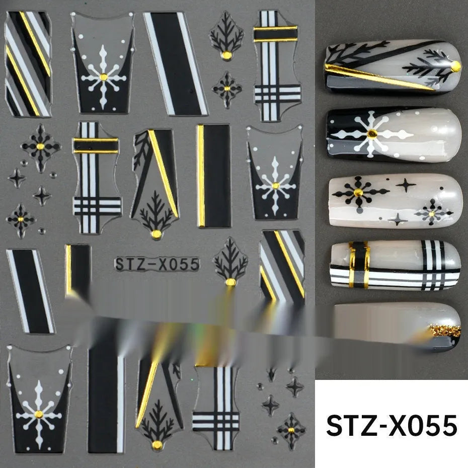 Assortment of black and silver nail sticker designs including cartoon and French tip patterns on a plastic sheet.