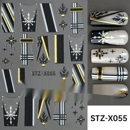 Assortment of black and silver nail sticker designs including cartoon and French tip patterns on a plastic sheet.