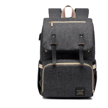 Stylish and functional diaper backpack with large capacity, stroller hooks, and USB charging port for modern parents