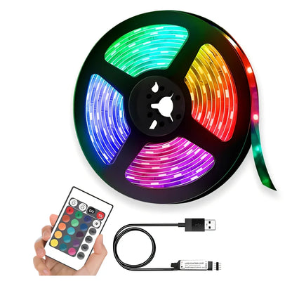 RGB LED strip lights with Bluetooth controller showing colour changing capability and flexible installation