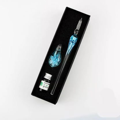 Crystal Flower Glass Dip Pen Set with floral patterns and borosilicate glass construction