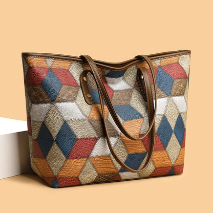 Women's PVC shoulder handbag in blue brown colour with sandwich pocket design and large capacity