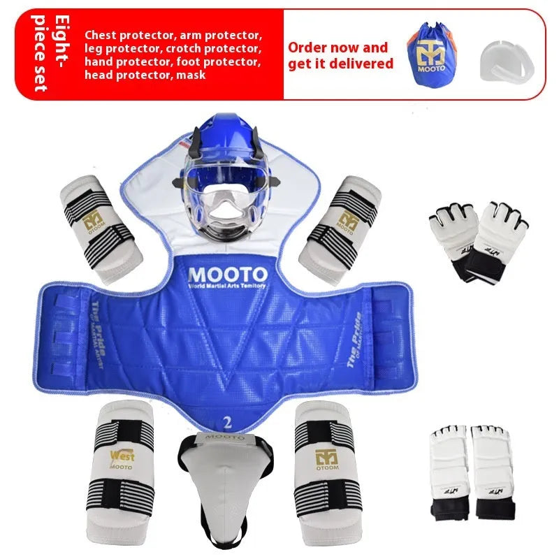 Taekwondo protective gear set in red or blue with four to eight pieces and sizes from 110cm to 190cm