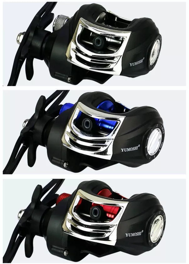 YUMOSHI AK Series Fishing Reel with magnetic brake system in black and red
