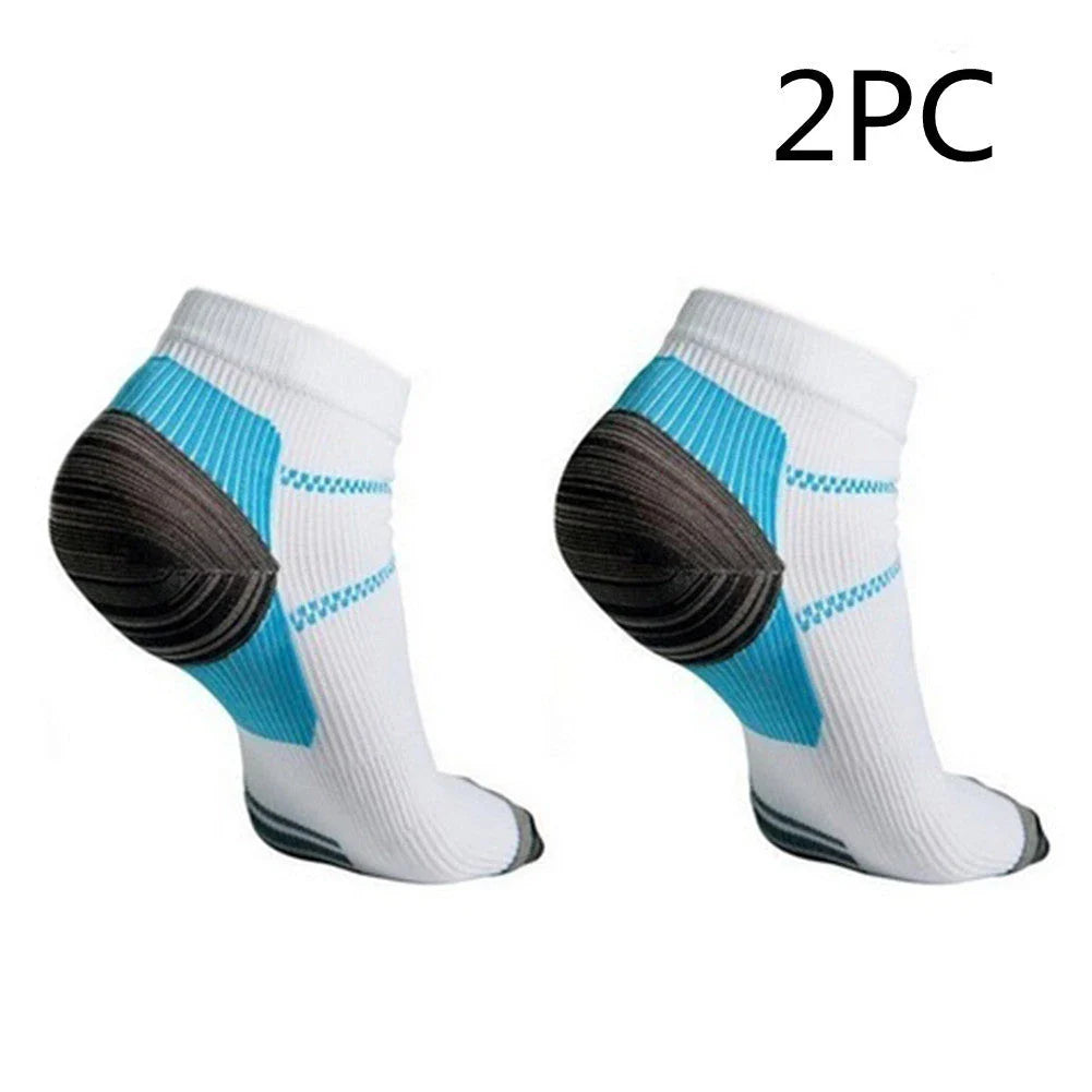 Compression socks designed to relieve plantar fasciitis and heel spur pain, featuring breathable and moisture-wicking materials for all-day comfort.