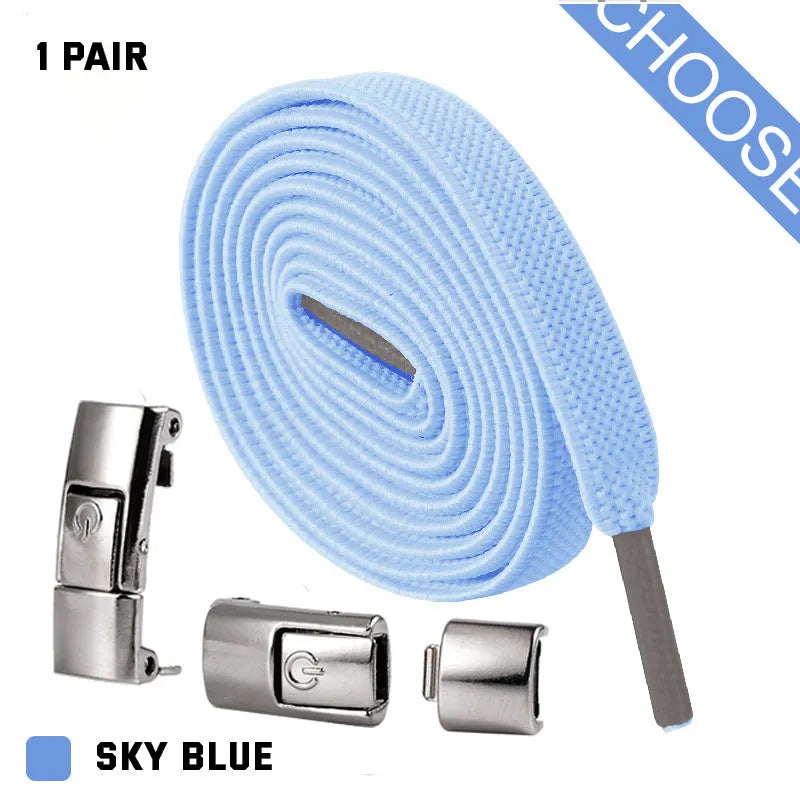 Press lock elastic shoelace with 8mm widened flat profile in assorted colours.
