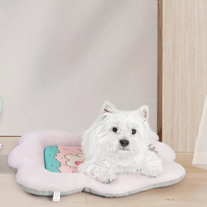 Ice silk pet cooling mat in green and pink colours showing four size options for dogs and cats