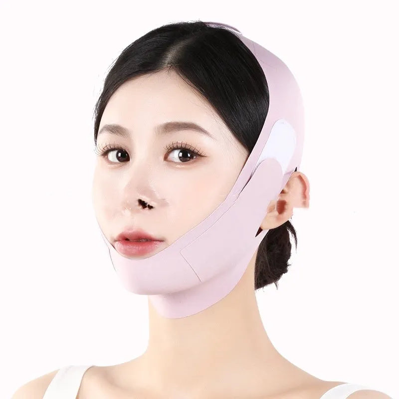 Green and purple breathable fabric V face shaping mask for lifting and tightening.