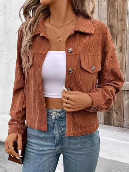 Women's retro artistic long sleeve button shirt jacket in polyester, shown in apricot colour.