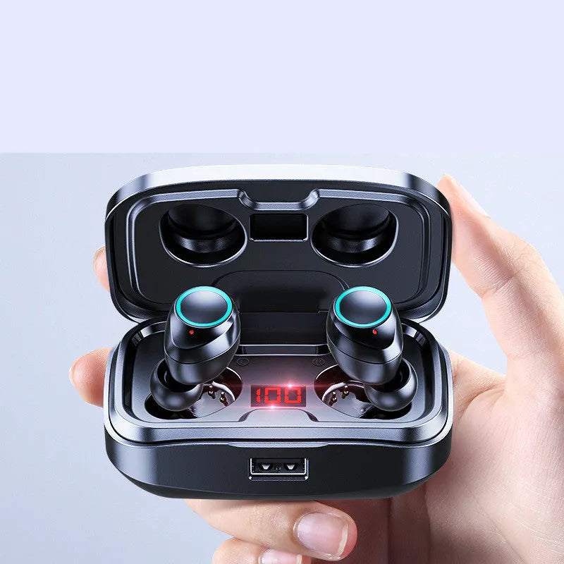 Wireless in-ear earphones with Bluetooth 5.0 connectivity, offering a 10-metre transmission range, stereo sound, and multi-point connection for hands-free calls and music playback.