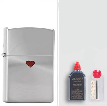 Windproof kerosene lighter with grinding wheel, pure copper case, shown with artistic design options.