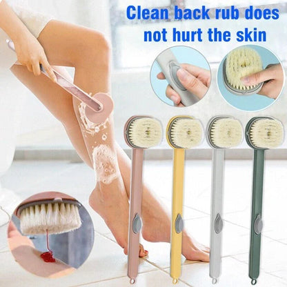 Dual-purpose shower brush with ergonomic handle and detachable head in yellow, grey, green, and pink